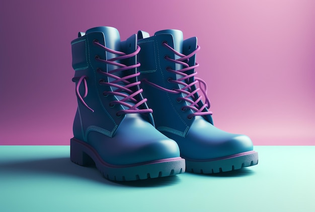 Une paire de bottines bleues à lacets roses sur fond violet.