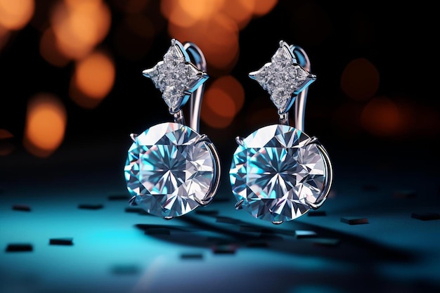 Une paire de boucles d'oreilles en diamant sur fond bleu.