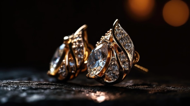 Une paire de boucles d'oreilles en diamant avec un fond sombre