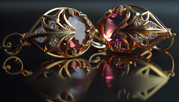 Une paire de boucles d'oreilles en or avec une pierre rose et des diamants.