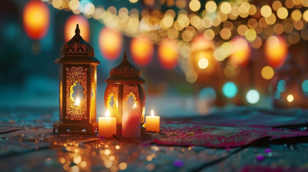 Une paire de bougies allumées sur une table Ramadan
