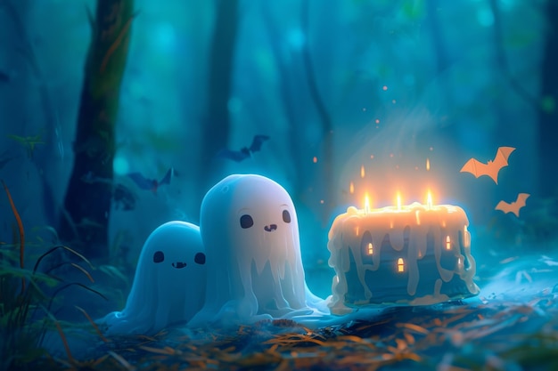 Photo une paire de bougies fantômes mystérieusement positionnées au sommet des arbres dans une forêt dense fantômes amicaux et chauves-souris mignons célébrant un anniversaire spectral généré par l'ia