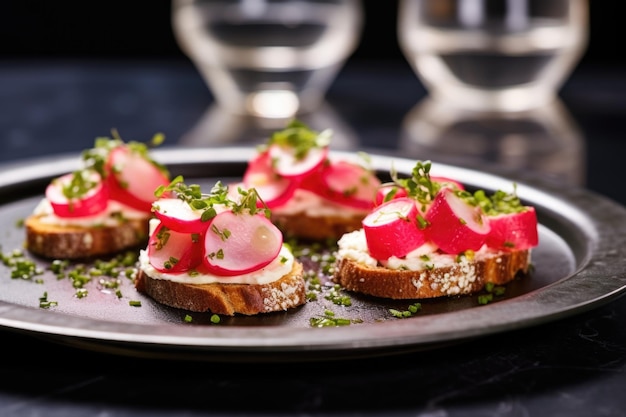 Une paire de bruschettas de radis sur une plaque de verre