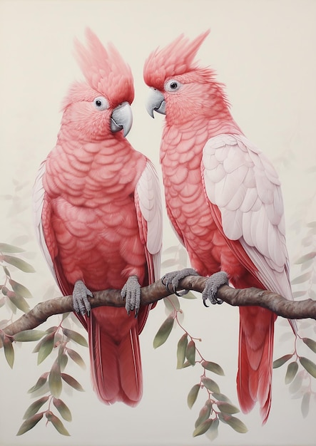 la paire de cacatoès dans le style de rouge clair et rose images historiques rendements naturalistes