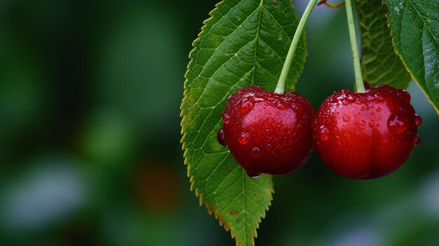 Une paire de cerises cramoisies reposant sur une feuille verte