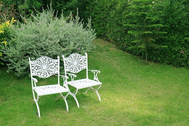 Paire de chaises en fer forgé blanc style vintage dans le jardin verdoyant