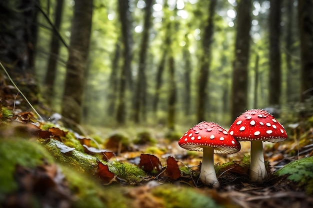 une paire de champignons dans la forêt avec un fond forestier