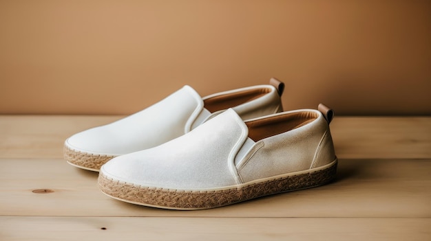 Une paire de chaussons blancs sur une table en bois.