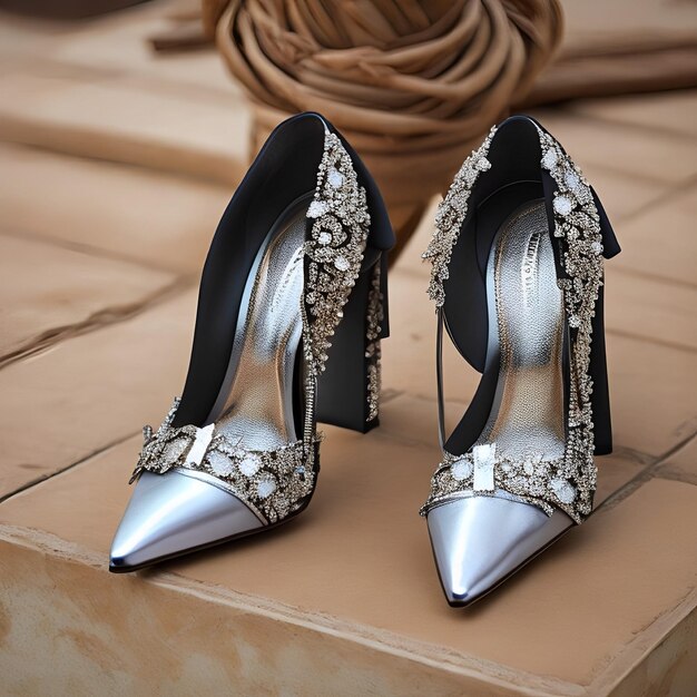 Une paire de chaussures en argent avec des diamants sur le fond.