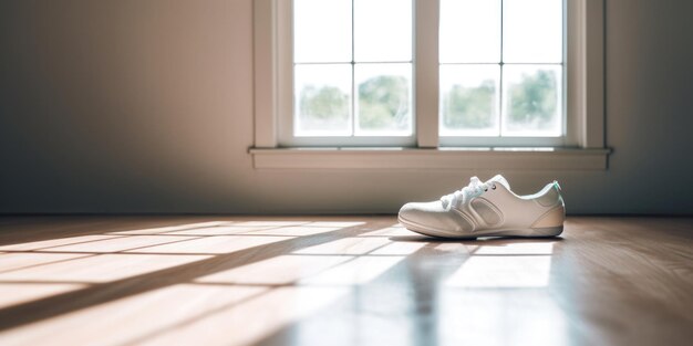 Une paire de chaussures blanches posées sur un plancher en bois dur image IA générative