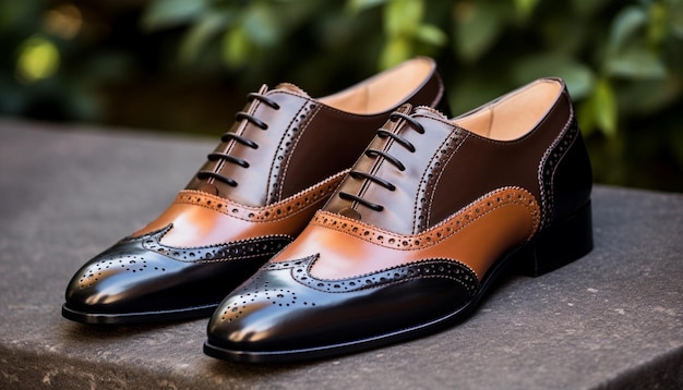 Photo une paire de chaussures brunes avec une garniture en cuir brun et une ceinture en cuir marron