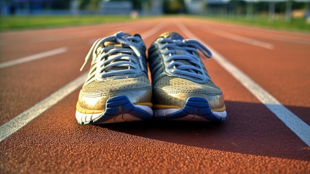 Une paire de chaussures de course sur une piste représentant le dévouement à une routine de fitness générée par l'IA