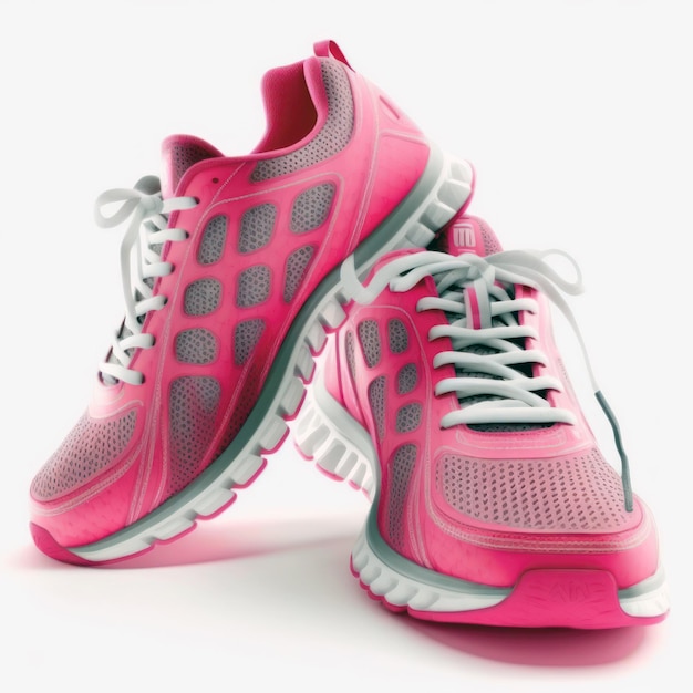 Une paire de chaussures de course roses avec des lacets blancs.