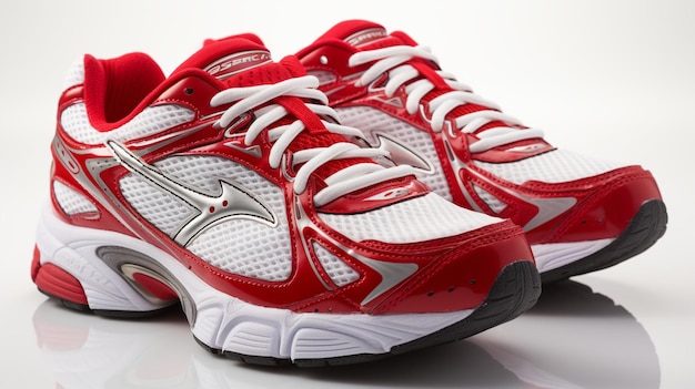 une paire de chaussures de course rouges et blanches avec un logo blanc sur le bas