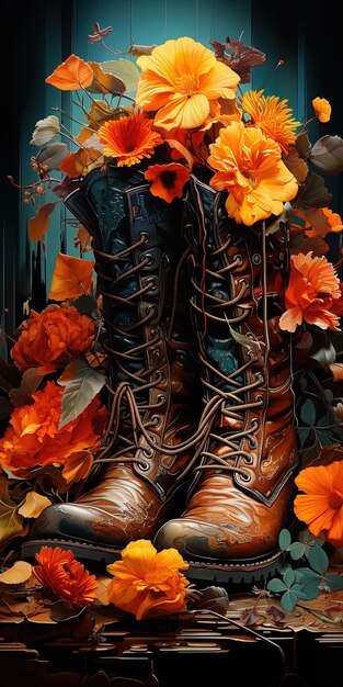 une paire de chaussures avec des fleurs et une image d'une paire de bottes