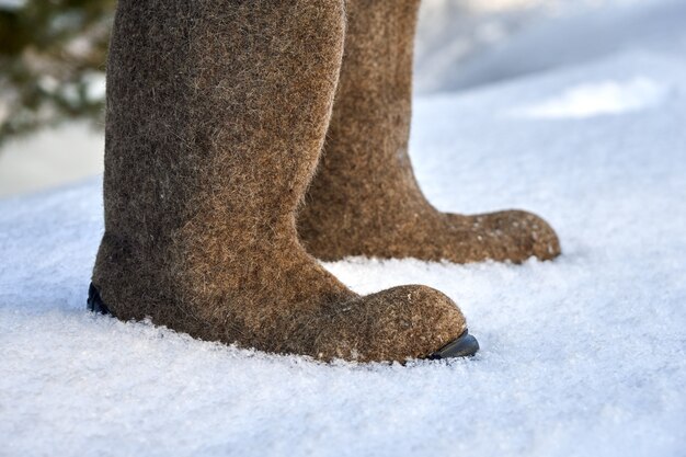 Paire de chaussures d'hiver en feutre russe valenki se tenir debout sur la neige blanche duveteuse par temps froid