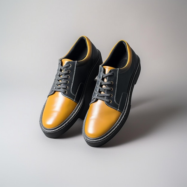 une paire de chaussures noires et jaunes avec une semelle jaune.