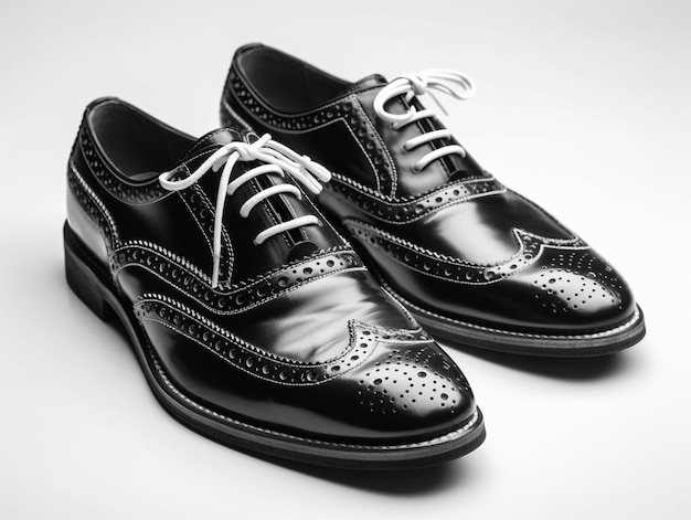 Une paire de chaussures noires avec des lacets blancs et un fond blanc.