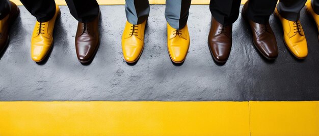 une paire de chaussures pour hommes avec des chaussures jaunes sur un sol en béton