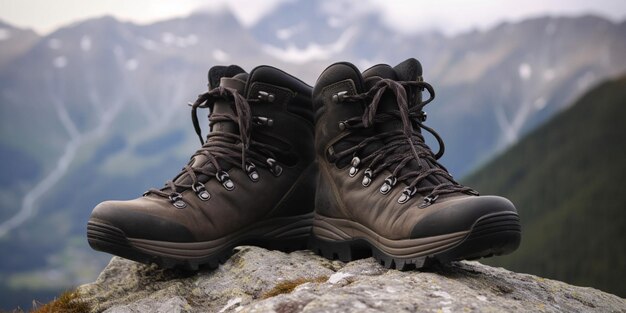 Une paire de chaussures de randonnée est assise sur un rocher dans les montagnes.