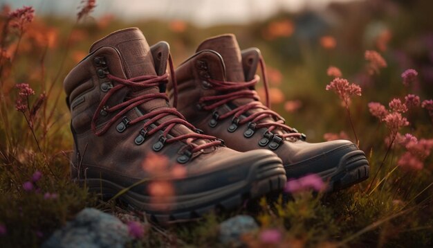 Photo paire de chaussures de randonnée lacées prêtes pour l'aventure en plein air générée par l'intelligence artificielle