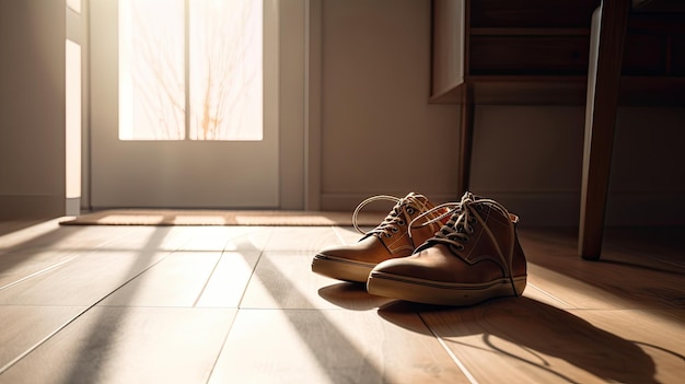 Une paire de chaussures sur le sol devant une porte