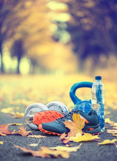 Paire de chaussures de sport bleu eau et haltères posées sur un chemin dans une allée d'automne avec des feuilles d'érable