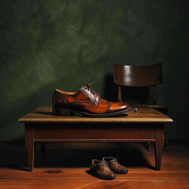 une paire de chaussures sur une table avec un fond vert.