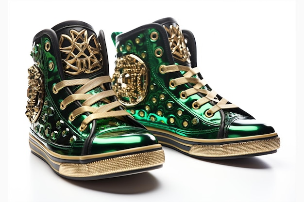 Une paire de chaussures vertes et dorées concept St Patricks Day sur fond blanc