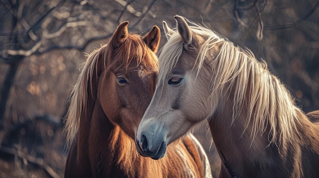 Une paire de chevaux s'embrassant avec leurs têtes appuyées l'une sur l'autre