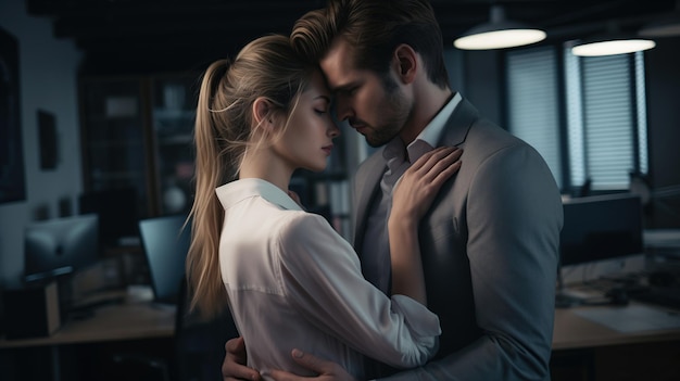 Une paire d'employés de bureau embrassant dans un bureau vide le concept d'une romance sur le lieu de travail