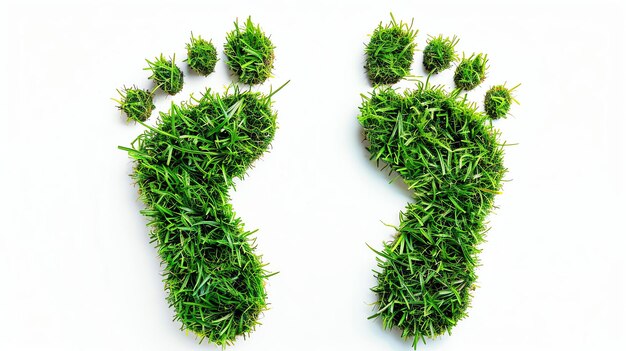 Une paire d'empreintes faites d'herbe verte sur un fond blanc Le concept d'écologie et de protection de l'environnement