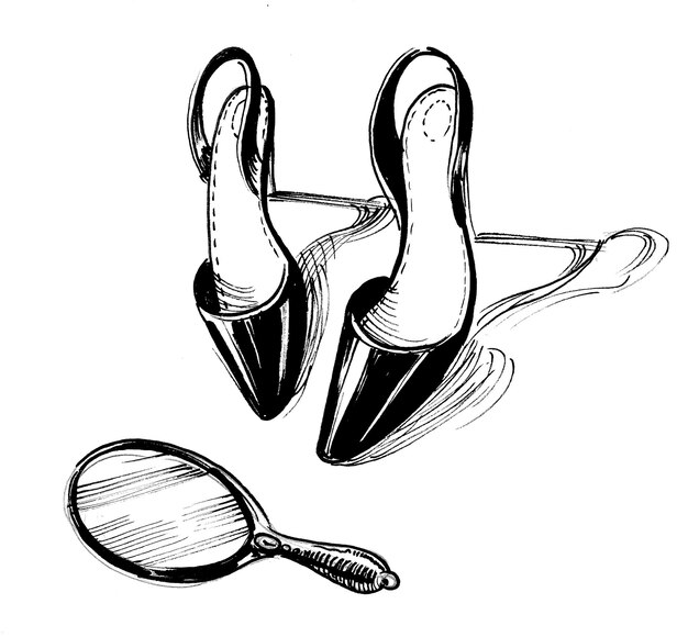 Photo paire d'escarpins à talons hauts et miroir. dessin noir et blanc à l'encre