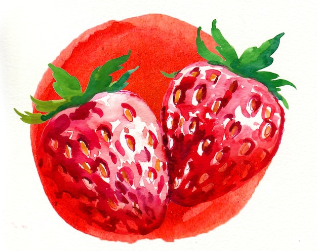 Une paire de fraises dessinée à la main à l'encre et à l'aquarelle