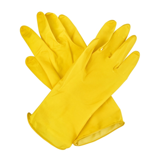 Photo paire de gants en caoutchouc jaune isolé sur fond blanc