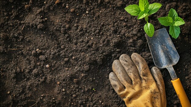 Une paire de gants de jardin et une truelle posés sur du sol fraîchement tourné