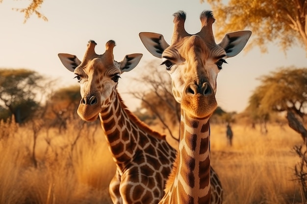 Une paire de girafes élégantes debout gracieusement dans le paysage pittoresque de la savane par une journée ensoleillée