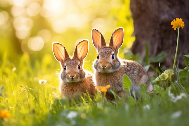 Une paire de lapins grignotant de l'herbe fraîche dans une prairie