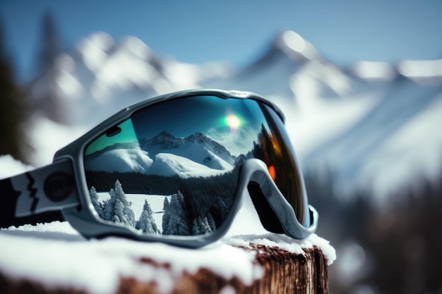 Une paire de lunettes avec de la neige sur le dessus et les montagnes en arrière-plan.