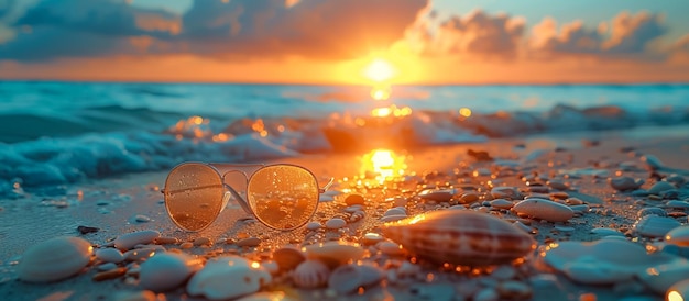 une paire de lunettes sur la plage avec le soleil qui se couche derrière eux