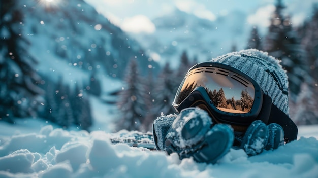 Une paire de lunettes de ski, des gants et un chapeau sur la neige fraîche de la montagne.