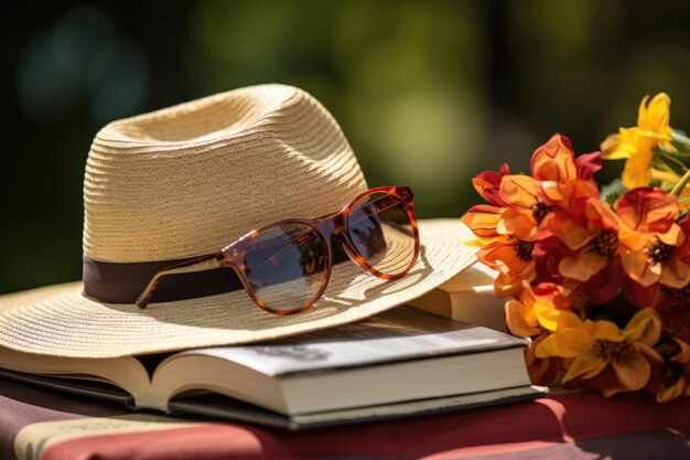 Photo une paire de lunettes de soleil appuyées sur un livre ouvert avec un chapeau d'été