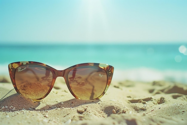 Une paire de lunettes de soleil assises sur une plage de sable fin.