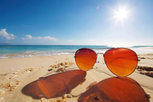 Une paire de lunettes de soleil assises sur une plage de sable fin.