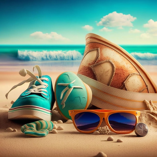 Une paire de lunettes de soleil et un chapeau sont sur la plage.