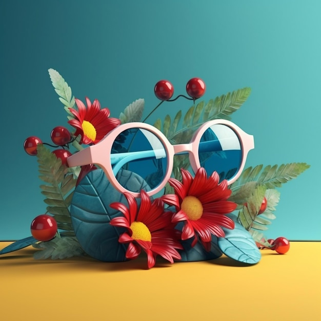 Une paire de lunettes de soleil avec des fleurs et des feuilles sur fond jaune