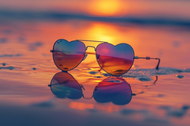 Photo une paire de lunettes de soleil en forme de cœur placées au sommet de la plage de sable une paire de lunette de soleil en forma de cœur reflétant un coucher de soleil sur la plage générée par l'ia