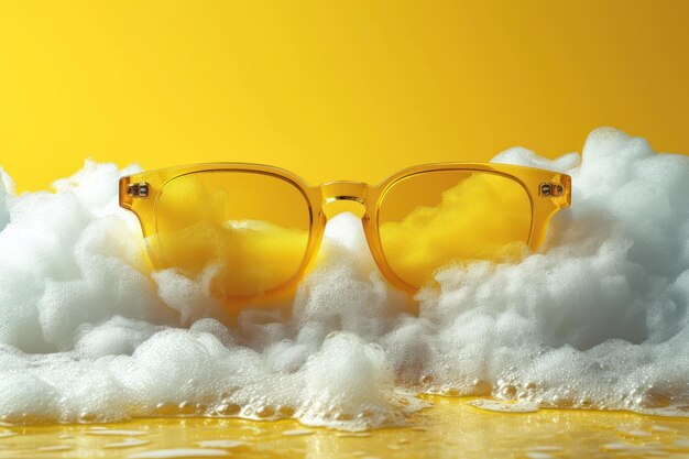 Paire de lunettes de soleil jaunes posées sur de la mousse