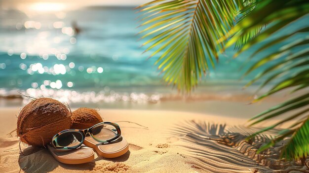 une paire de lunettes de soleil et une paire de sunglasses assis sur une plage sous un palmier