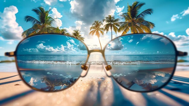 une paire de lunettes de soleil avec des palmiers sur la plage